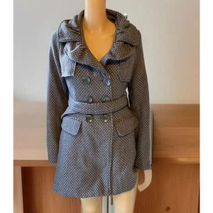 Y2K WetSeal Lady L WoolBlend Double Breasted PeaCoat Jacket Belted Gray Pink Dot